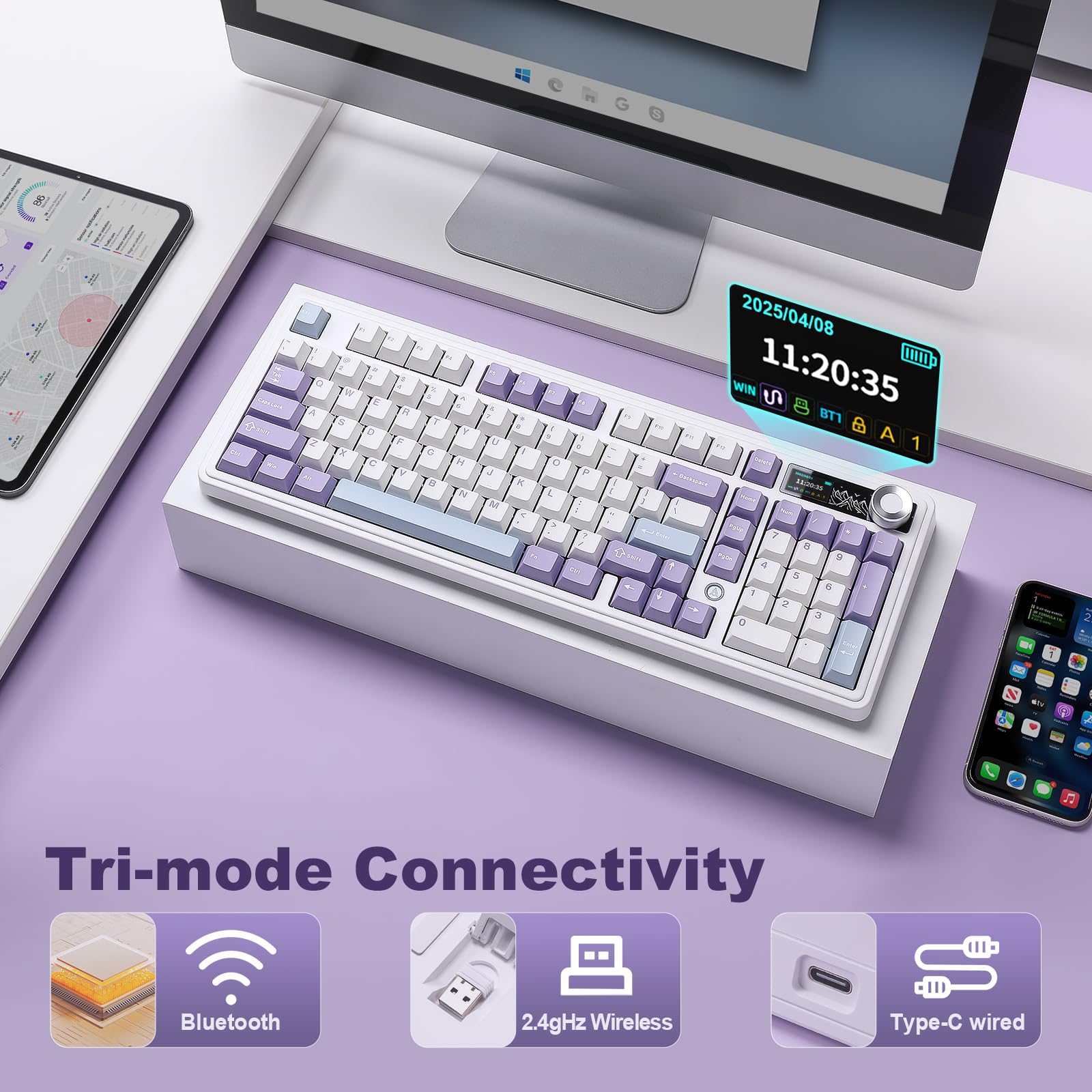 MIKIBY AJAZZ AK980 Mechanical Keyboard with Smart Display & Knob,98% Wireless Keyboard Tri-Mode BT/2.4G/USB-C, Hot Swappable, PBT Keycaps, with RGB Light for Win & Mac(Purple,Murad Switch)