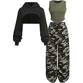 RoseSeek Girl's 3 Piece Outfits Cropped Hoodie Ribbed Knit Tank Top and Camo Pants Clothing Sets