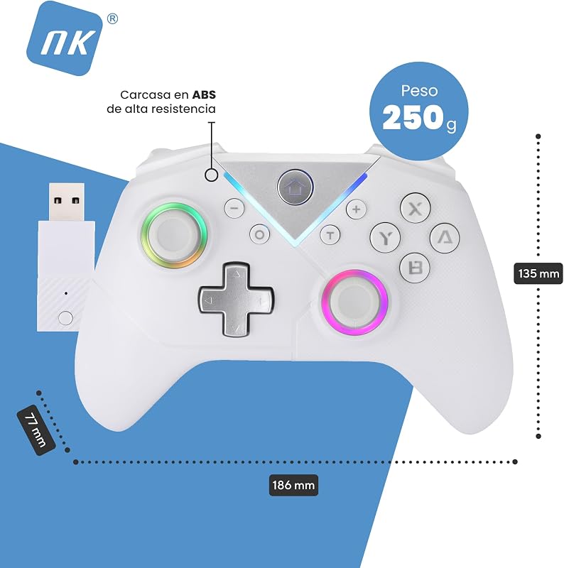 Mando Inalámbrico Bluetooth para PC - Compatible con Switch/Smartphone Android y iOS, 2 Botones Macro, Vibración Dual, 6 Ejes, Luces LED, Color Negro (Blanco)