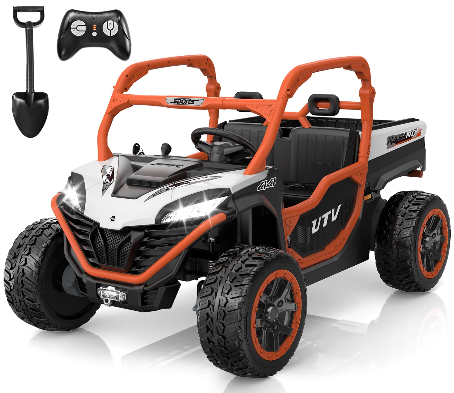 ANPABO 24V 2 Seater Ride On Dump Truck, 4x75W, Max 5 Mph, EVA Tire, Kids Electric Car with Electric Dump Bed, Shovel, Music, Ride On Toy UTV w/Parent Remote Control for Ages 3-8, Orange