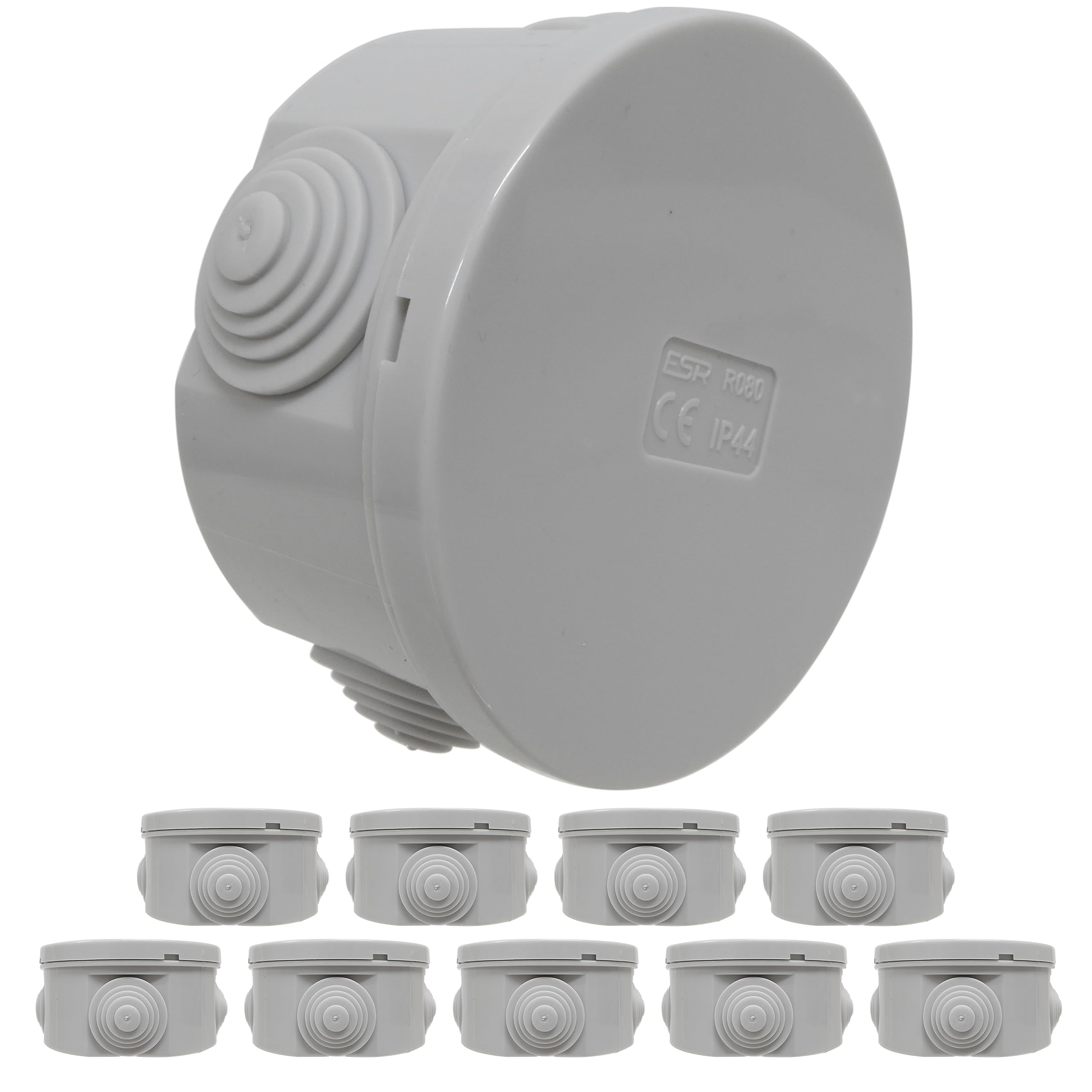10 Pack of 80mm Round Electrical Junction Box with Rubber Cable Entry Grommets and Snap-on Lid IP44 Splashproof Weatherproof