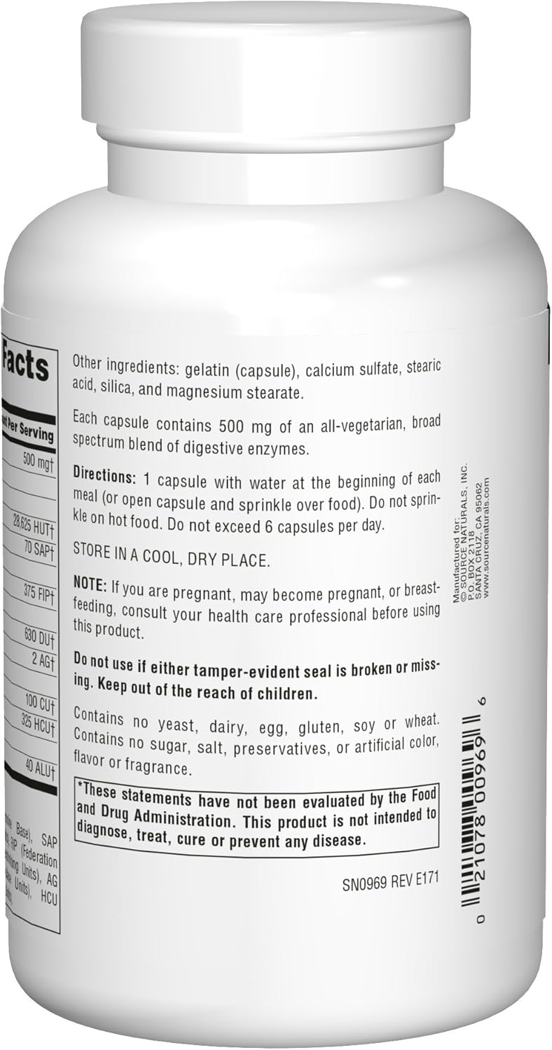 Source Naturals Essential Enzymes 500mg Bio-Aligned Multiple Enzyme Supplement Herbal Defense for Digestion, Gas, Constipation & Bloating Relief - Supports A Strong Immune System - 240 Capsules: Health & Personal Care