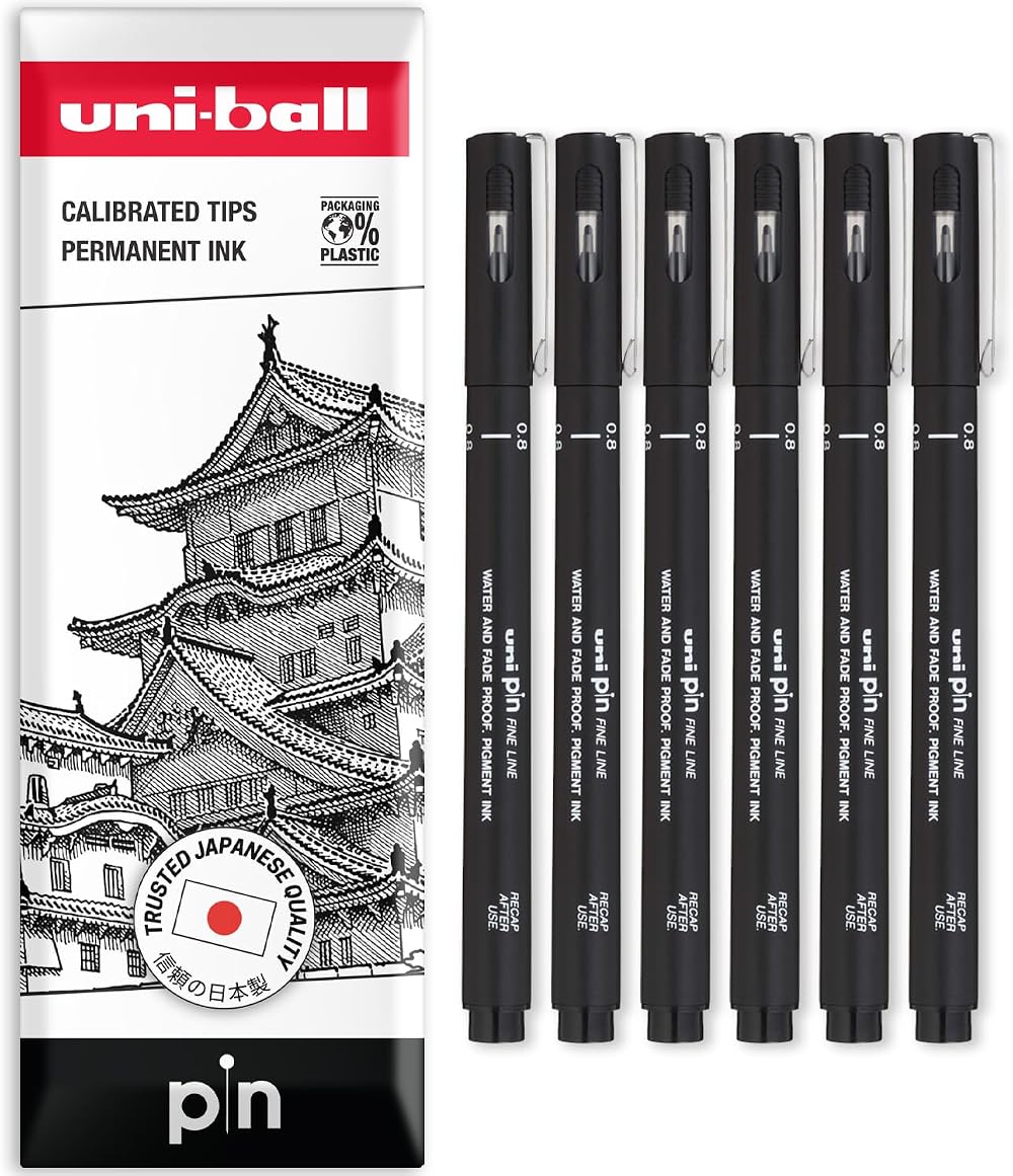 uni-ball PIN Fineliners Black 0.8mm Pack of 6 Water Resistant Ink