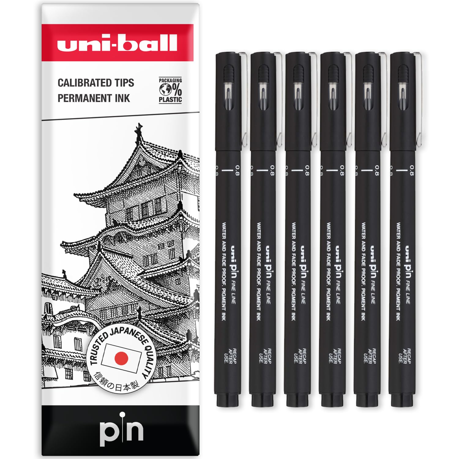 uni-ball PIN Fineliners | Black Fine Tipped Writing Pens | Water & Fade Resistant Ink | Ideal for Sketching, Scrapbooking, Outlining, Art, Technical Drawing | In Envelope (Pack of 6, 0.8mm)