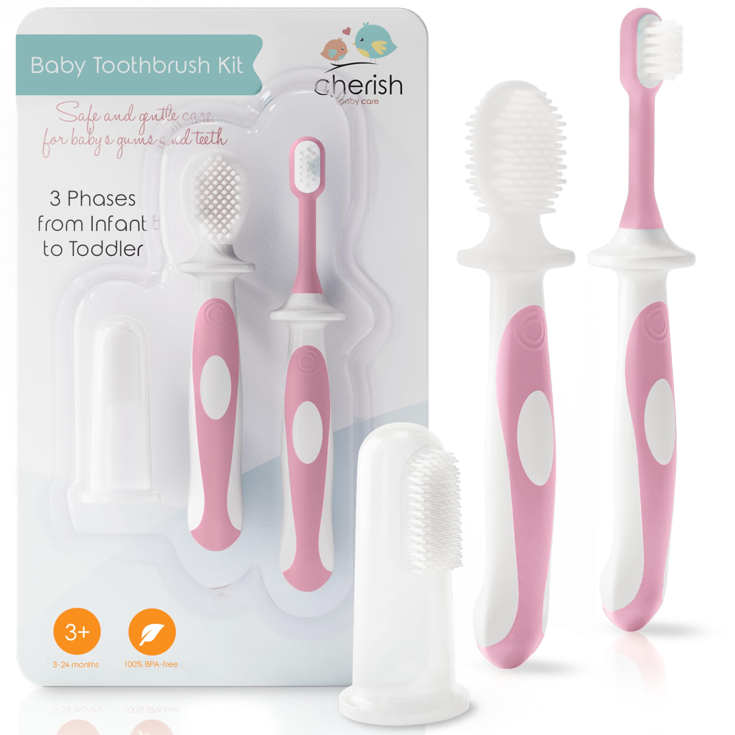 Cherish Baby Care 0-2 Years Toothbrush Kit - Safety-Tested & BPA-Free 3-Pack (Finger, Silicone, Toddler Toothbrushes) - Baby's First Toothbrush Kit (Pink)