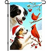 IVN Christmas Garden Flag 12x18 Inch Double Sided Border Collie Dog with Santa Hat and Red Birds Outdoor Yard Flag for Outside Home Front Door Lawn Porch Patio Welcome Decor