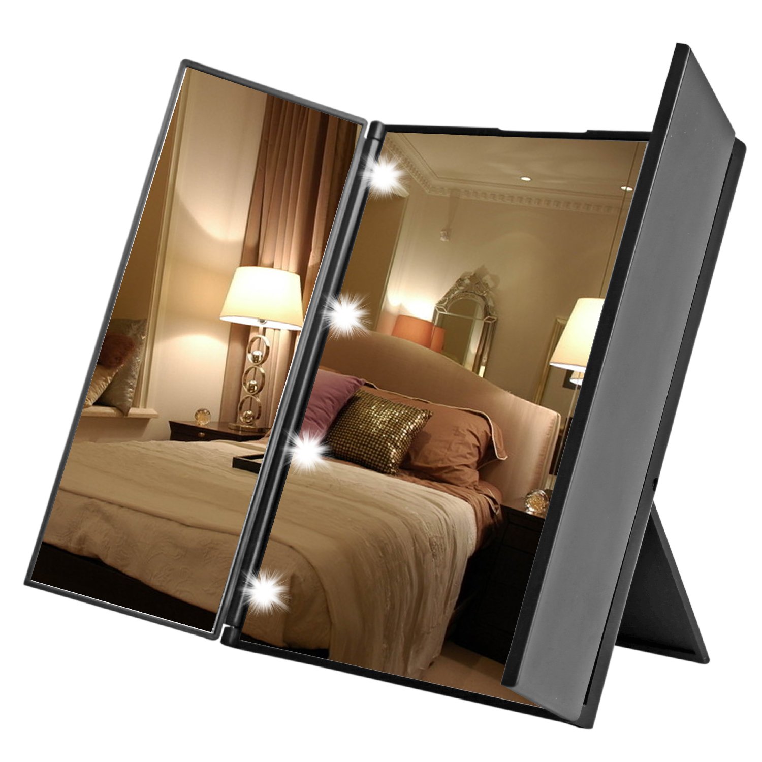 BuySShow Foldable LED Makeup Mirror - Tri-Fold Portable Vanity Mirror With Lights for Travel