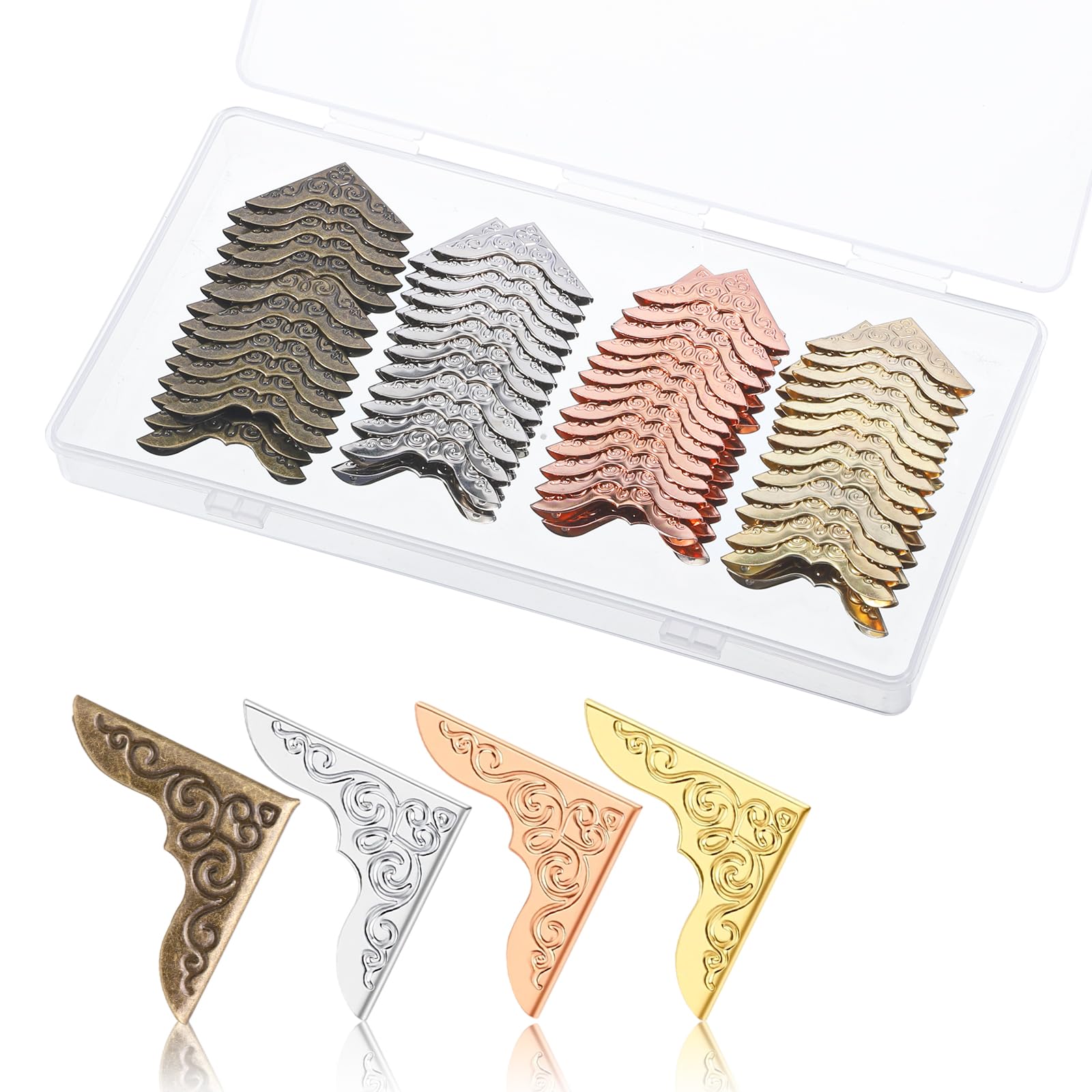 100 Pcs Metal Book Corners Protectors, Vintage Photo Album Corner Protectors, Iron Decorative Edge Guard for Scrapbook, Diary, Notebook, Menu, Folder Cover in Antique Bronze, Silver, Gold, Rose Gold