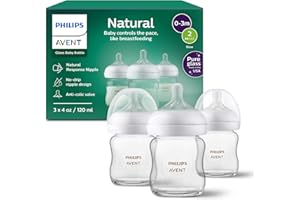 Philips Avent Natural Glass Baby Bottles with Natural Response Nipples (Slow Flow, Flow 2), 4oz, 3-pack, SCY910/03