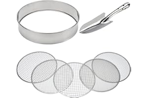 FLOLXNB Soil Sieve Stainless Steel Riddle Sieve Set Garden Potting Sieve, 12" Diameter, with 5 Filter Mesh Sizes 3,6,9,10,12mm and Shovel
