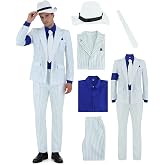 Men Dance Star Costume White Striped Blue Armband Suit 80s 90s Pop Star Stage Halloween Party Dress Up