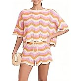 NIFTRIRY 2 Piece Sets for Women Short Sleeve Striepd Crochet Cover Up Tied Shorts Beach Clothes Pink