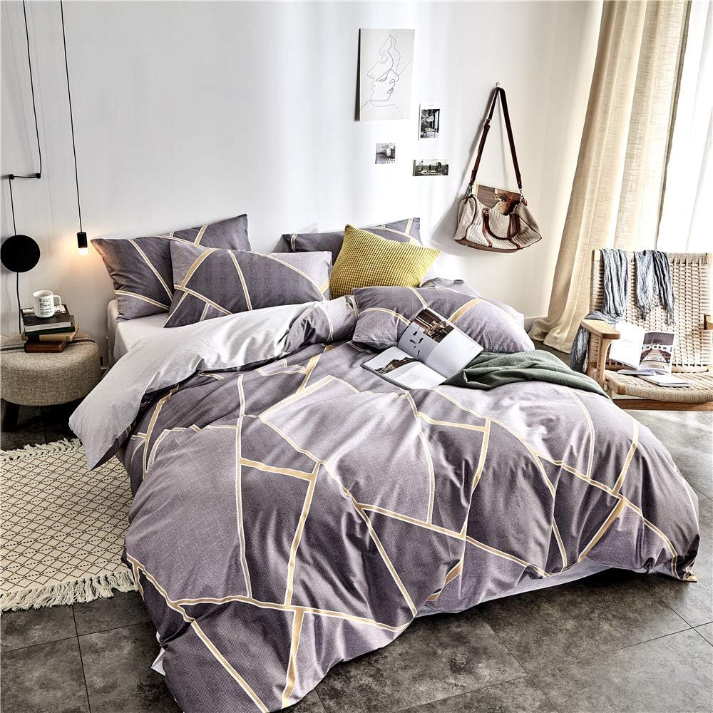Soft Geometric Comforter Cover Queen Duvet Cover Set Gray Cotton Bedding Sets Full 3 Pieces Modern Striped Bedding Duvet Cover For Boys Men Lightweight Soft Full Queen Bedding Sets No Comforter Duvet Cover