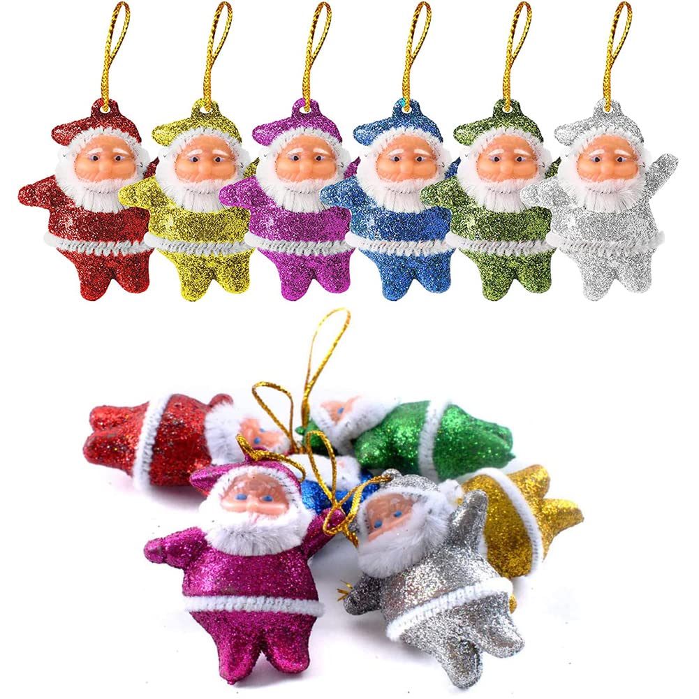 HUPOO Christmas Tree Ornaments, 12Pcs Mini Santa Claus Doll Pendant Colorful Glitter Hanging Ornaments Craft for Christmas Tree Gifts Home Doors Windows Decorations Party Supplies.