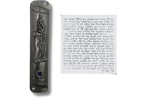 3 Arches USA Messianic Mezuzah Silver Plated with Mezuzah Scroll - Jewish Door Mezuzah With Scroll, Antique Look Home Decor - Blue Stone Accent, Roots Symbol & Hebrew Shin