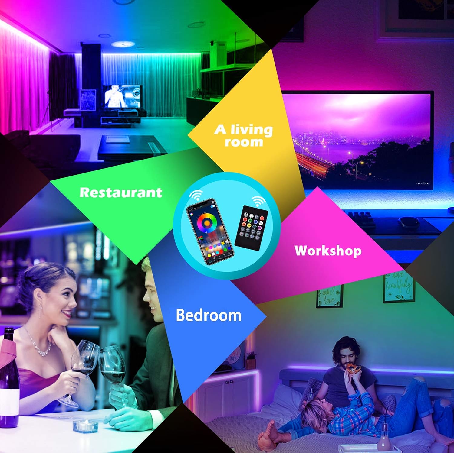 Led Strip Lights,60ft Led Light Strip Music Sync Color Changing RGB Led Strip Built-in Mic,Bluetooth App Control LED Tape Lights with Remote,5050 RGB Rope Light Strips (APP+Remote+Mic+3 Button): Home & Kitchen