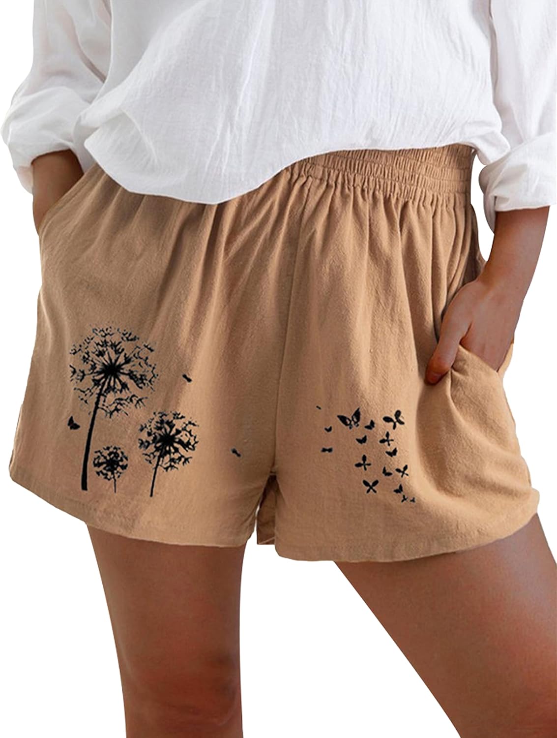 Qiaomai Womens Dandelion Butterfly Print Elastic Waist Summer Shorts