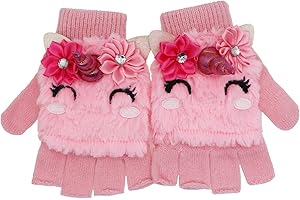 NEWFANCY Kids Unicorn Flip Top Gloves with Mitten Cover Knitted Winter Fingerless Convertible Mittens for Boy Girls Toddler