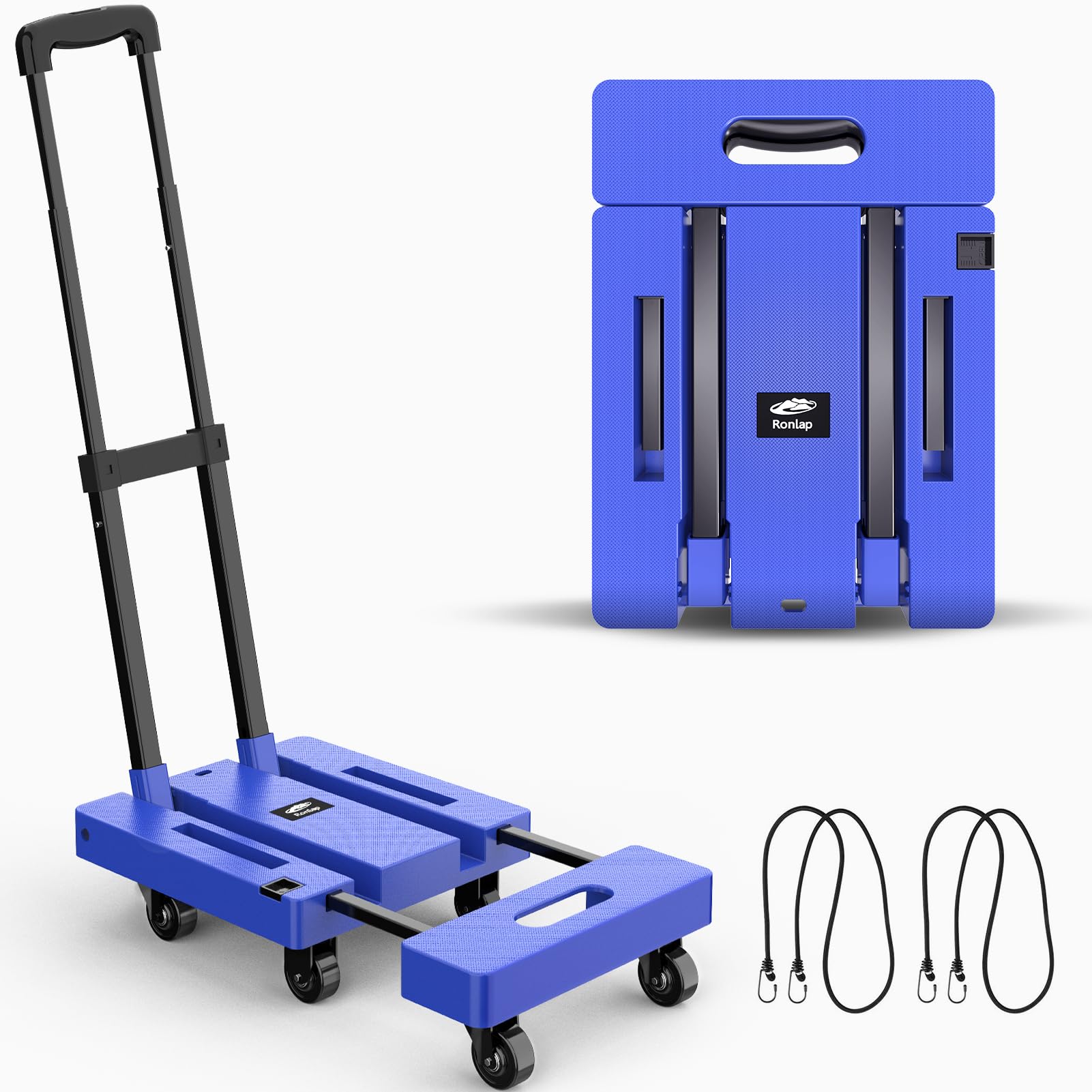 Photo 1 of Ronlap Folding Hand Truck, Foldable Dolly Cart for Moving, 500lbs Heavy Duty Luggage Cart, Portable Platform Cart Collapsible Dolly with 6 Wheels & 2 Ropes for Travel House Office Moving, Blue