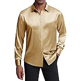 J.VER Men's Silk Satin Long Sleeve Dress Shirts Shiny Casual Button Down Shirt Luxury Party Prom Shirts
