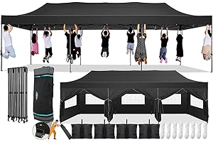 COBIZI 10x30 Pop Up Canopy with 8 Sidewall,Heavy Duty Canopy UPF 50+ All Season Wind Waterproof Commercial Outdoor Wedding Party Tents for Parties Canopy Gazebo with Roller Bag(10 x 30 ft Black)
