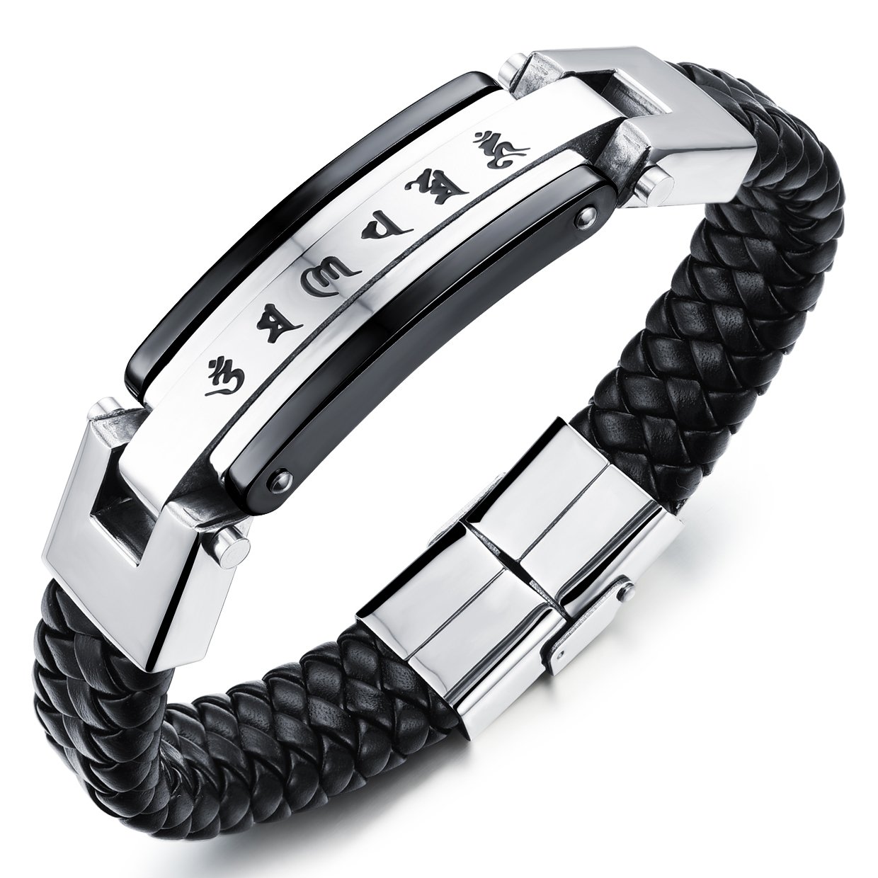 JewelryWe Mantra Prayer Om Mani Padme Hum Tibetan Yoga Meditation Stainless Steel Leather Bracelet - Black