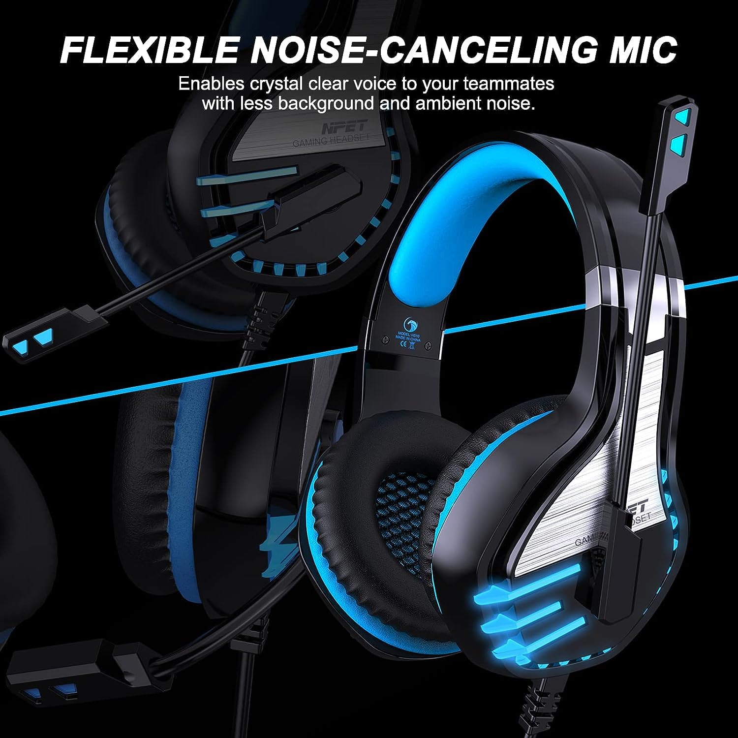NPET 【2 Pack HS10 Stereo Gaming Headset for PS4 PC Xbox One PS5 Controller, Noise Cancelling Over Ear Headphones with Mic, LED Light, Bass Surround, Soft Memory Earmuffs Blue