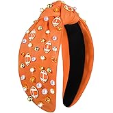 NVENF Football Headband for Women Football Mom Accessories Game Day Football Knotted Headbands Jeweled Rhinestone Crystal Wide Top Knot Sport Headbands Game Day Hair Accessory (Orange 1)