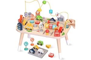 Wooden Montessori Activity Table for Toddlers, Baby Busy Table with Bead Maze, Shape Sorter, Cars & Road Signs, Traffic Learn
