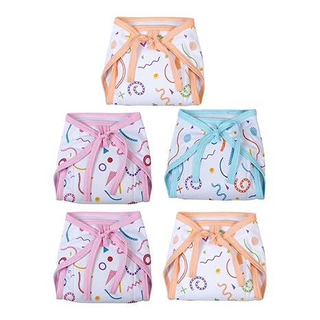 PEUBUD Reusable U Shape Cushioned/Padded Cotton Hosiery Nappies Pack of 5 (Multicolor, 0-9 Months)