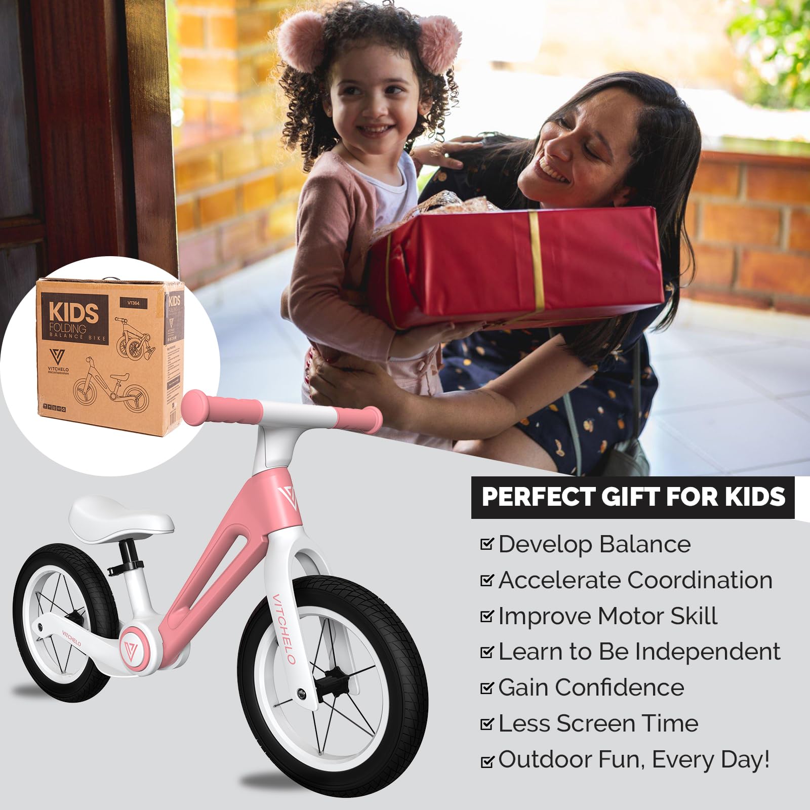 Vitchelo 12” Foldable Toddler Balance Bike, No Pedal Push Balance Bicycle for Kids 2 to 6 Year, Sport Bike with Adjustable Padded Seat, Safety Pad, Flat-Free Tires, Shoulder Strap & Tool Free Assembly