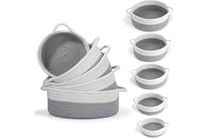VOOWO Set of 5 Rope Basket, Round Small Woven Baskets for Storage, Gift Basket Empty, Small Cotton Rope Baskets for Organizing, Home Decor Coiled Baskets, Montessori Shelf Toy Storage (White & Gray)