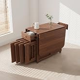 Drop Leaf Folding Dining Table with 4 chairs, Space Saving, Walnut, 51" | Fully Assembled, Foldable Butterfly Table, Locking Wheels, Hidden Drawers, Solid Wood, for Living Room Kitchen Small Spaces