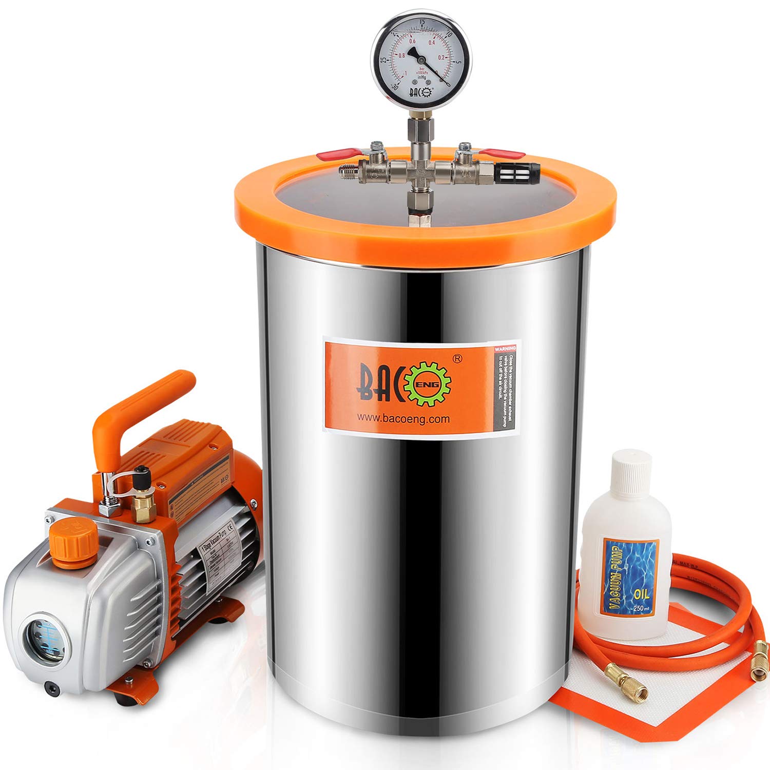 BACOENG 19 Liters Vacuum Chamber Kit with 3 CFM Single Stage Vacuum Pump, 3 Pin UK Plug