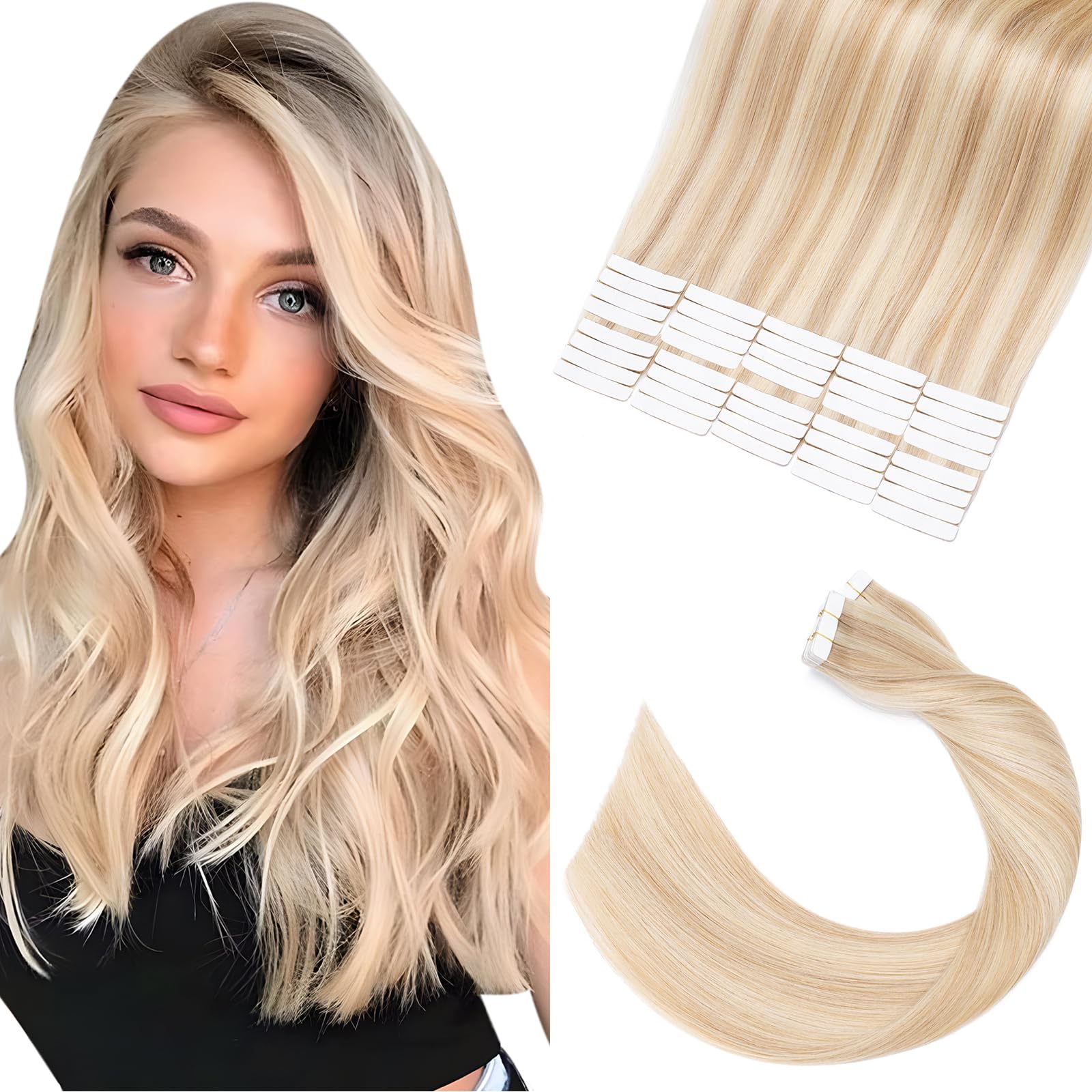 Elailite Tape in Hair Extensions Human Hair 40 Pcs Straight - Skin Weft Real Hair Extensions (#18/613 Ash Blonde Mix Bleach Blonde, 14 Inch-80g)