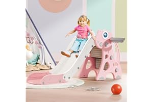 Babytronic Toddler Slide, Kids Indoor Outdoor Slide, Baby Slide Playset with Basketball Hoop & Ring Toss, Foldable Baby Plastic Slide, Outdoor Playground Climber Slide for Kids Age 1-3 (Pink&White)
