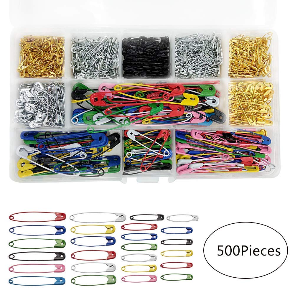 500Pcs Safety Pins, 7 Sizes Extra Large Small Assorted Size Metal