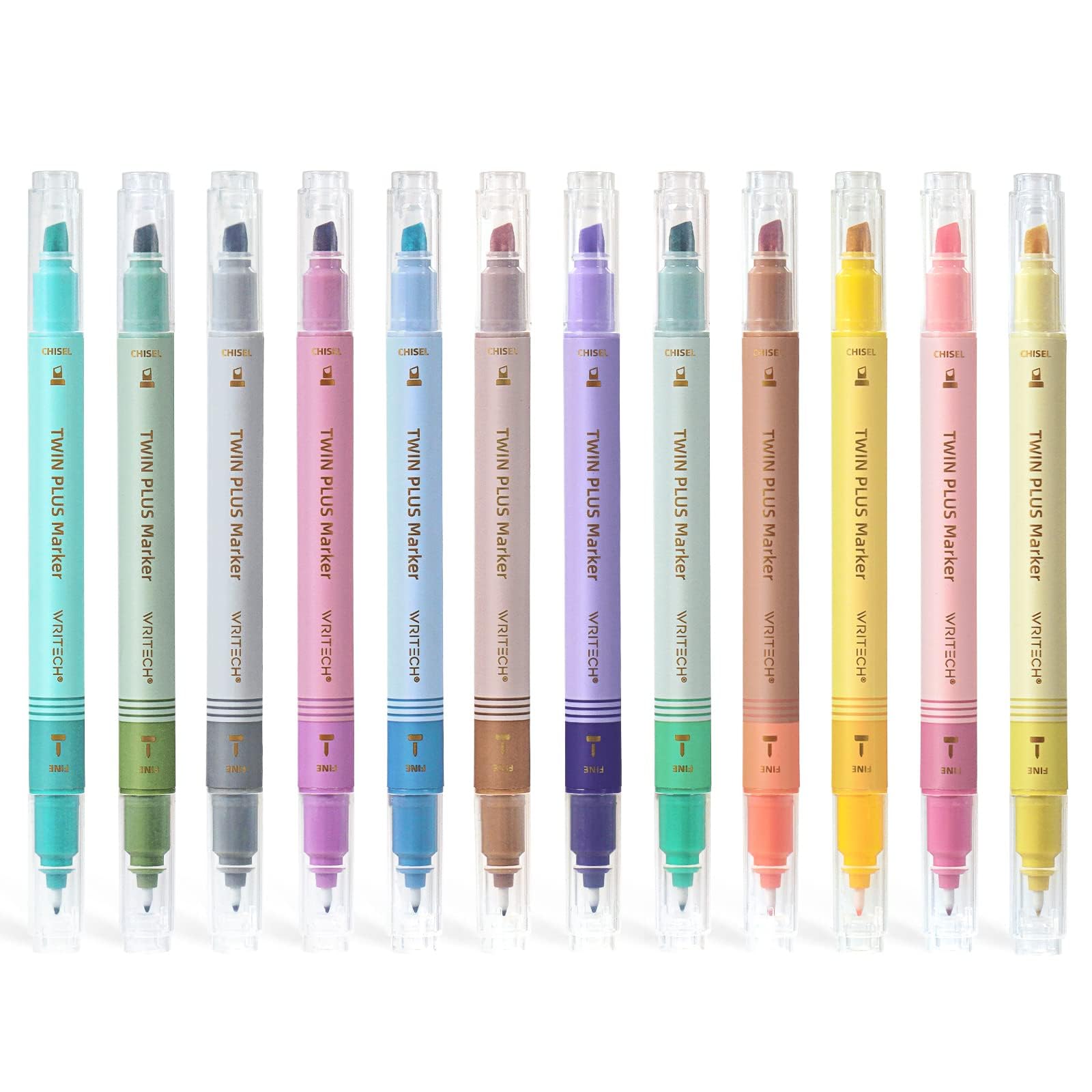 Photo 1 of WRITECH Dual Tip Highlighter Markers: Aesthetic Fine & Chisel Tip Pastel Vintage Marker Multicolor Pens Pack No Bleed & Smear for Bible Highlighting Journaling, Assorted Colors 12ct