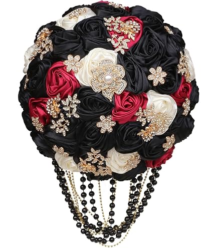 Elegant Black & Red Rose Bridal Bouquet with Rhinestone-Wrapped Handle Amazon.com: Mhojpik 7.5 main image 4
