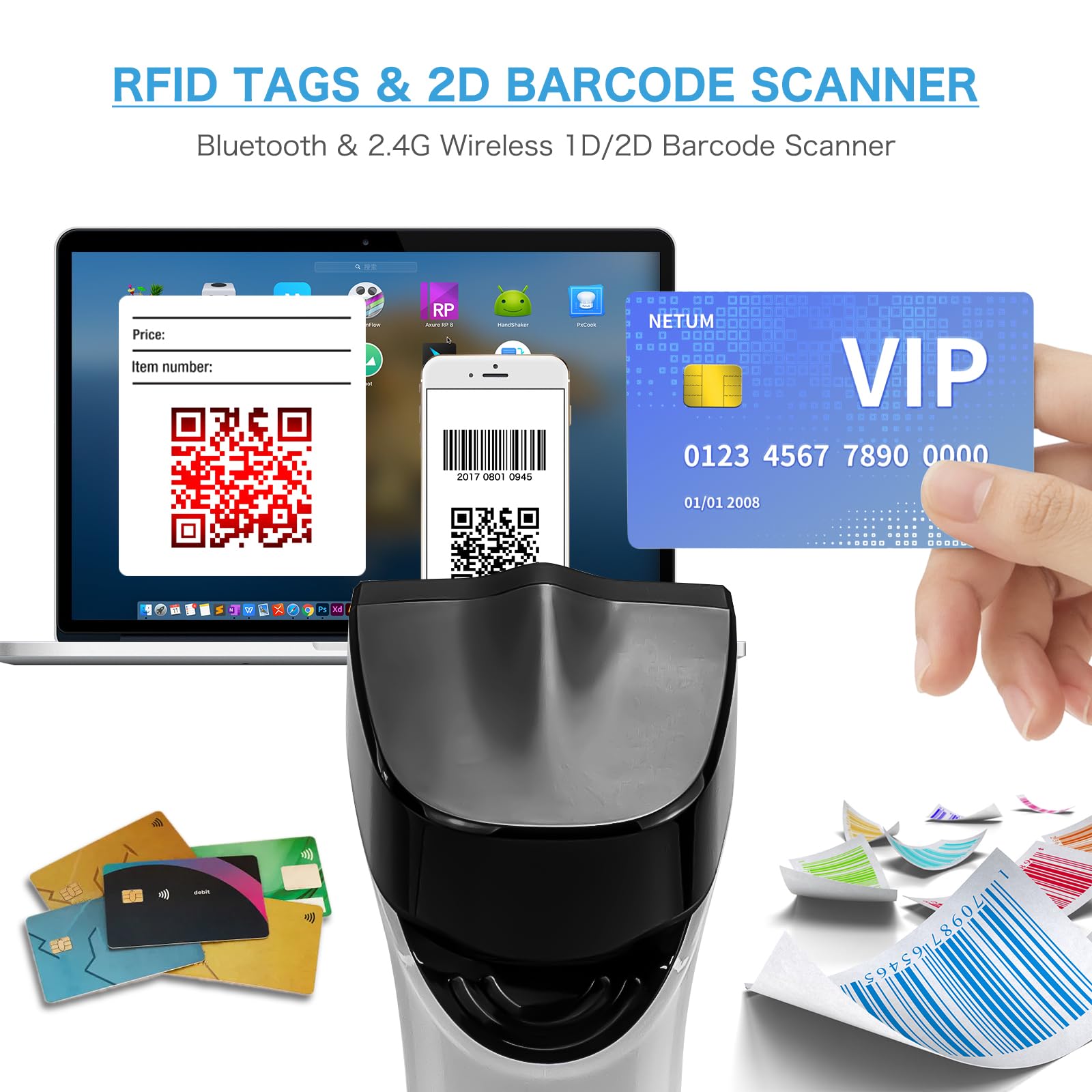 NETUM Wireless Hybrid RFID Imager, NFC HF RFID Tags Reader and 1D/2D QR Barcode Scan, Connect via Bluetooth for Retail Hospitality System DS8100