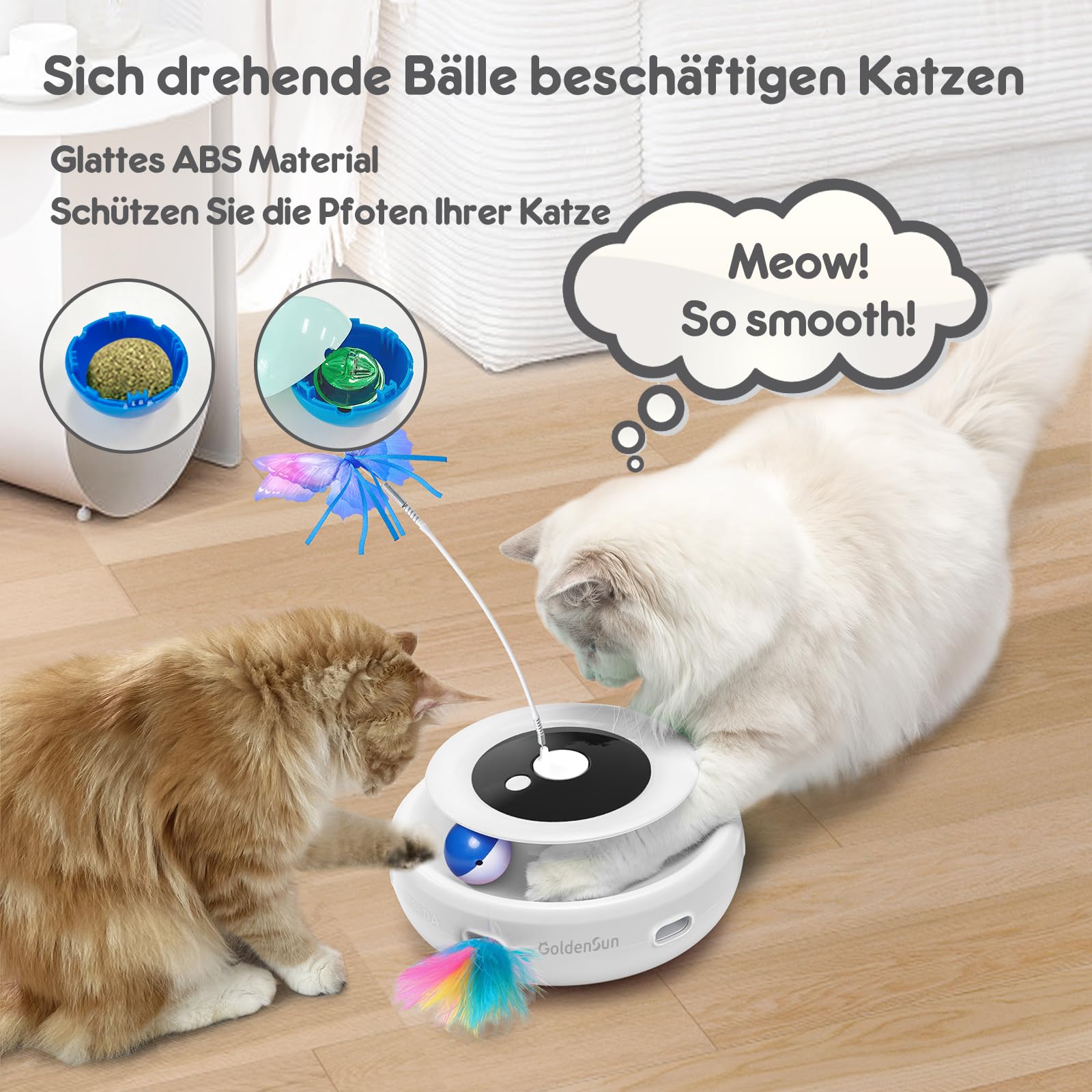GoldenSun Katzenspielzeug, 3 in 1 Elektrisch Interaktives Automatischer Spielzeug für Katzen, Whack-A-Mole, Fluttering Butterfly, inklusive Ball, USB Wiederaufladbar Katzen Teaser mit 4 Aufsätzen 3