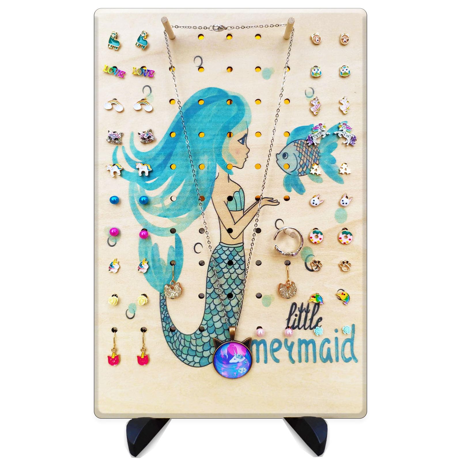 RORANIC Earring Holder Stand for Girls,Nursery Decor Earrings Organizer Wood Jewelry Rack Display for Kids,Cute Design Jewelry Holder Stand for Earrings Ear Studs Necklaces Rings (Little Mermaid)