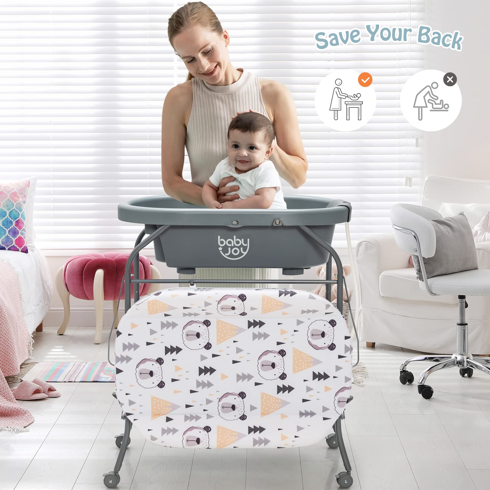 BABY JOY Baby Bathtub with Changing Table, Foldable Infant Diaper Changing Station with Storage Tray, Waterproof Pad, Portable Newborn Nursery Organizer Bath Stand with 4 Universal Wheels (Gray)