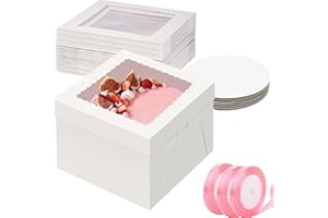 NIKONIKO 10x10x8 inch Cake Box, 20pcs Bakery Boxes with Window and 20pcs Boards, White Cookie Boxes, Disposable Cake Containe