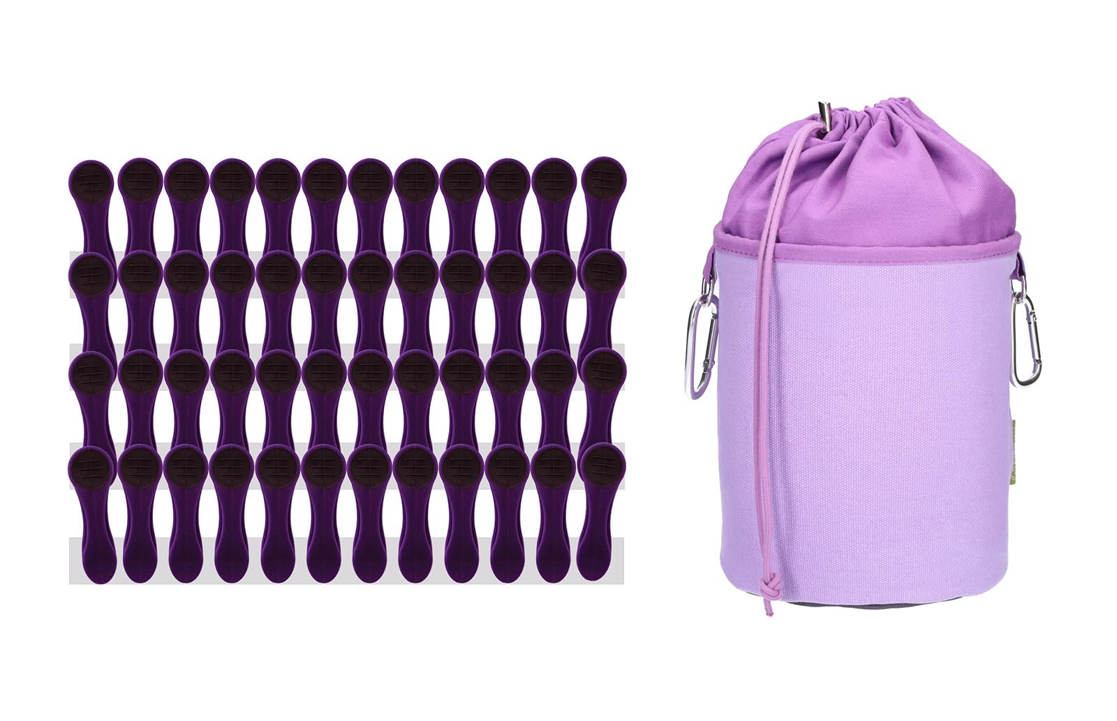 trendfinding bellaCott 48 Clothes Pegs with Spiral Springs Soft Grip Purple Anthracite and 1 x Canvas Clothes Peg Bag Lilac Grey
