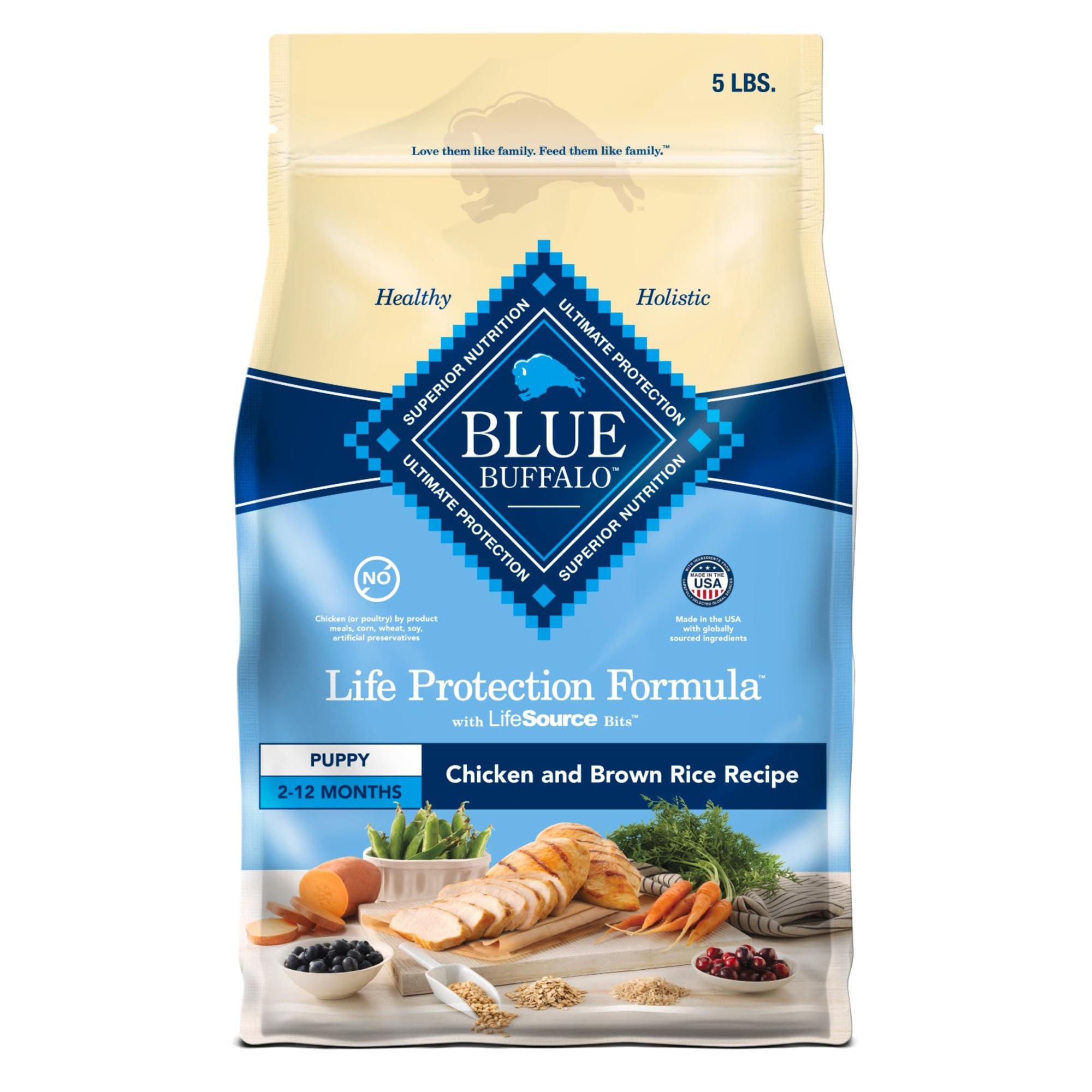 Photo 1 of (3 bags) Blue Buffalo Life Protection Formula Puppy Dry Dog Food with DHA and ARA, Made with Natural Ingredients, Chicken & Brown Rice Recipe, 5-lb Bag