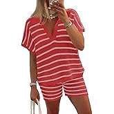 Tankaneo Womens 2 Piece Outfits Striped Knit Summer Sets V Neck Short Sleeve Tops and Shorts Lounge Matching Set