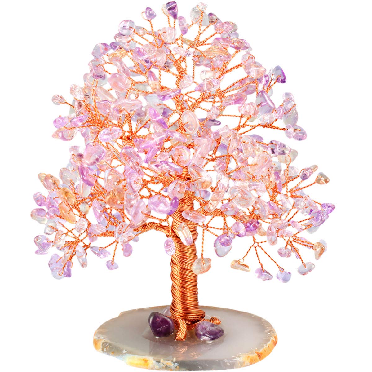 Nupuyai Citrine Amethyst Healing Crystal Money Tree for Home, Good Luck Office Decor Chip Stones Tree Fengshui Ornament Agate Slice Base with Gift Box