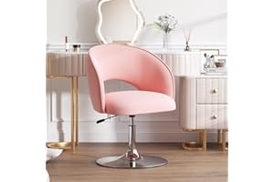 Furniliving Vanity Chair Contemporary Height Adjustable Round Velvet Back Tilt Swivel Accent Chairs 360° Swivel Makeup Chair with Chrome Frame Charming Stool Lounge Pub Bar (Pink)