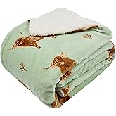 VigorSpring Reversible Highland Cow Blanket - 50x70 Inch, Soft Warm Sherpa Throw Blanket, Cute Farm Animal Design for Girls Kids Adults, Bedding Couch Travel Use